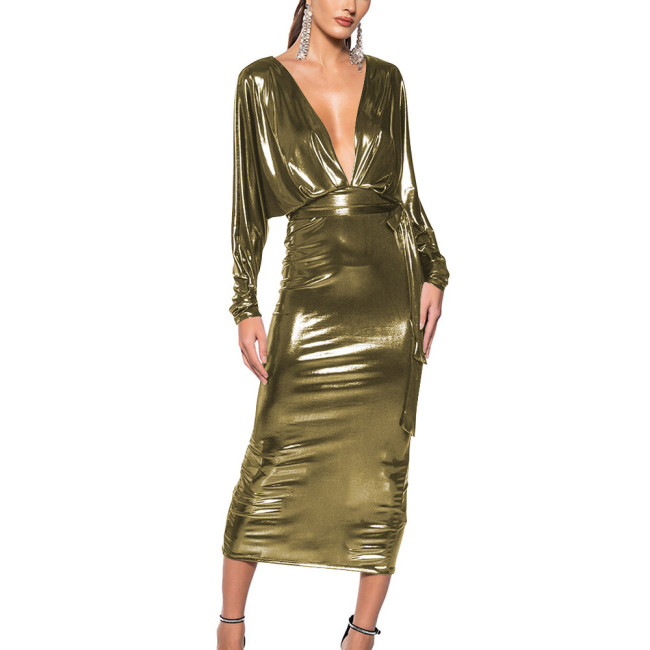 Shiny Liqiud Metallic Deep V-Neck Midi Dress Elegant Bodycon Evening Party Dress Sexy Nightclub Erotic High Waist Formal Prom