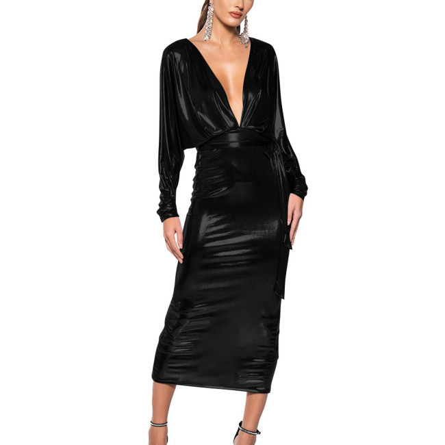 Shiny Liqiud Metallic Deep V-Neck Midi Dress Elegant Bodycon Evening Party Dress Sexy Nightclub Erotic High Waist Formal Prom