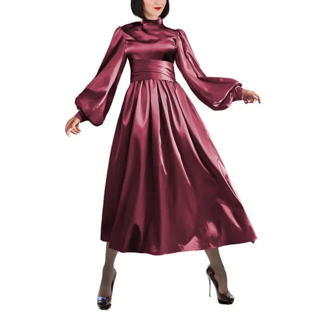 Fashion Satin Mock Neck A-line Dress Women Elegant Solid Lantern Sleeve Long Dress Party Wide Belted Slim Dress Evening Vestidos