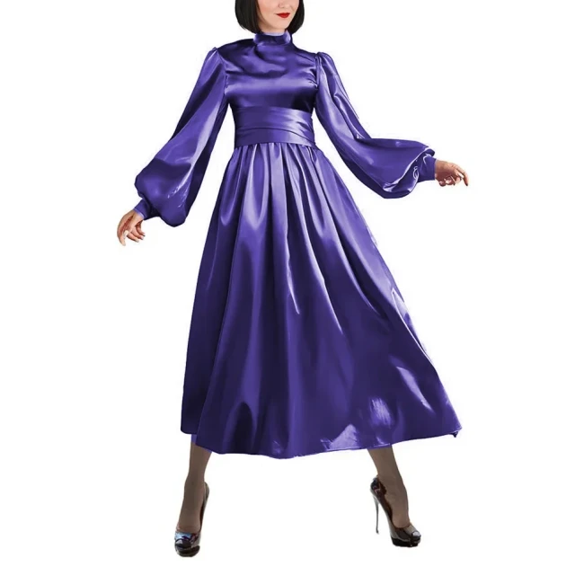 Fashion Satin Mock Neck A-line Dress Women Elegant Solid Lantern Sleeve Long Dress Party Wide Belted Slim Dress Evening Vestidos