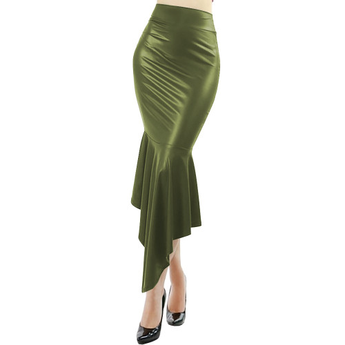Wetlook PU Leather Sexy High Waist Mermaid Skirt Fetish Ruffle Bodycon Fishtail Pencil Skirt Gothic Punk Long Dress Clubwear