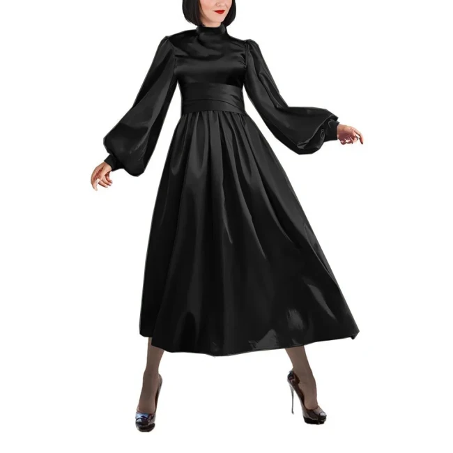 Fashion Satin Mock Neck A-line Dress Women Elegant Solid Lantern Sleeve Long Dress Party Wide Belted Slim Dress Evening Vestidos