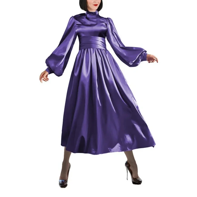 Fashion Satin Mock Neck A-line Dress Women Elegant Solid Lantern Sleeve Long Dress Party Wide Belted Slim Dress Evening Vestidos