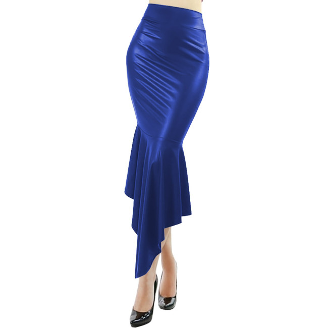 Wetlook PU Leather Sexy High Waist Mermaid Skirt Fetish Ruffle Bodycon Fishtail Pencil Skirt Gothic Punk Long Dress Clubwear