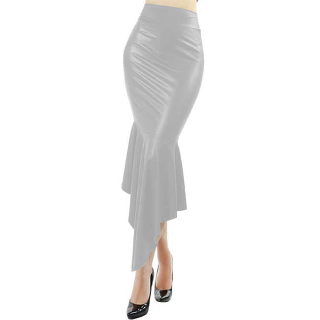 Wetlook PU Leather Sexy High Waist Mermaid Skirt Fetish Ruffle Bodycon Fishtail Pencil Skirt Gothic Punk Long Dress Clubwear