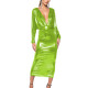 Shiny Liqiud Metallic Deep V-Neck Midi Dress Elegant Bodycon Evening Party Dress Sexy Nightclub Erotic High Waist Formal Prom