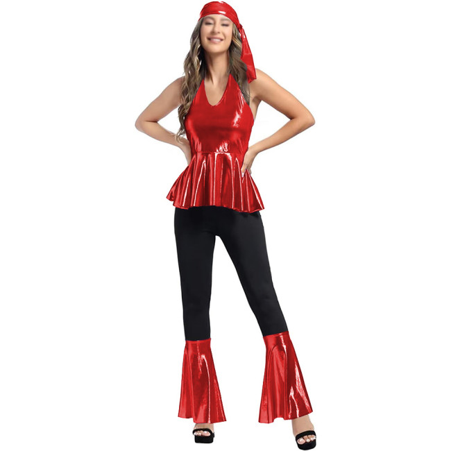 Halloween Women 70s Disco Costume Set Metallic Halter Neck Peplum Top Bell Bottom Pants Vintage Headband Hippie Disco Outfit