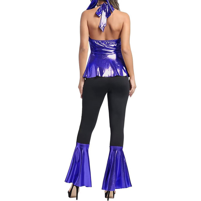 Halloween Women 70s Disco Costume Set Metallic Halter Neck Peplum Top Bell Bottom Pants Vintage Headband Hippie Disco Outfit