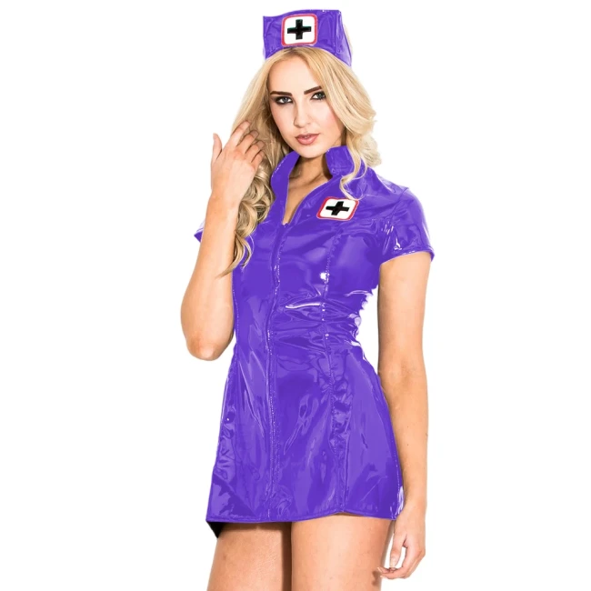 Adult Sexy Wetlook Nurse Uniform Shiny PVC Leather Short Sleeve Nurse Outfit Halloween Cosplay Party Fancy Maid Nurse Costumes