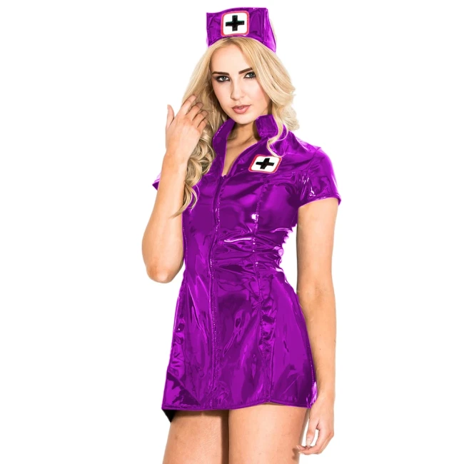 Adult Sexy Wetlook Nurse Uniform Shiny PVC Leather Short Sleeve Nurse Outfit Halloween Cosplay Party Fancy Maid Nurse Costumes