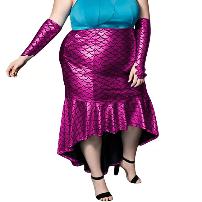 Plus Size Shiny Mermaid Tail Skirt Sexy Arm Sleeves Fish Scale High-Low Bodycon Club Fishtail Skirt Fetish Cosplay Party Costume