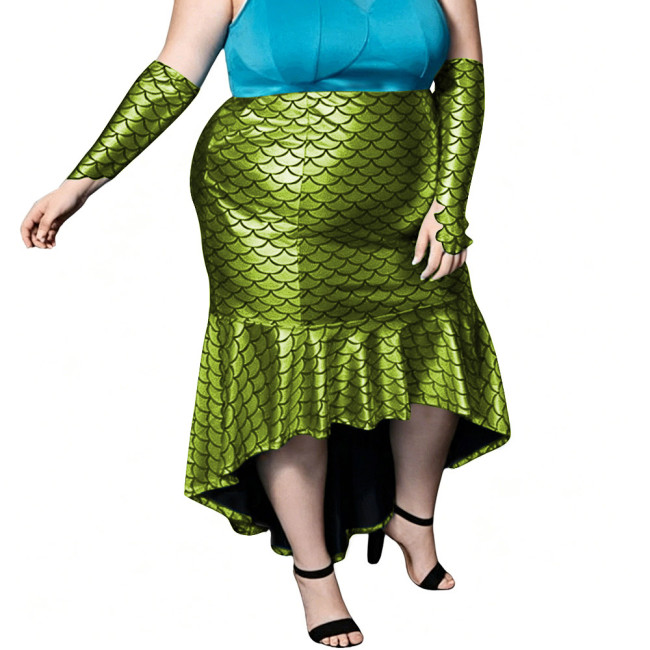 Plus Size Shiny Mermaid Tail Skirt Sexy Arm Sleeves Fish Scale High-Low Bodycon Club Fishtail Skirt Fetish Cosplay Party Costume