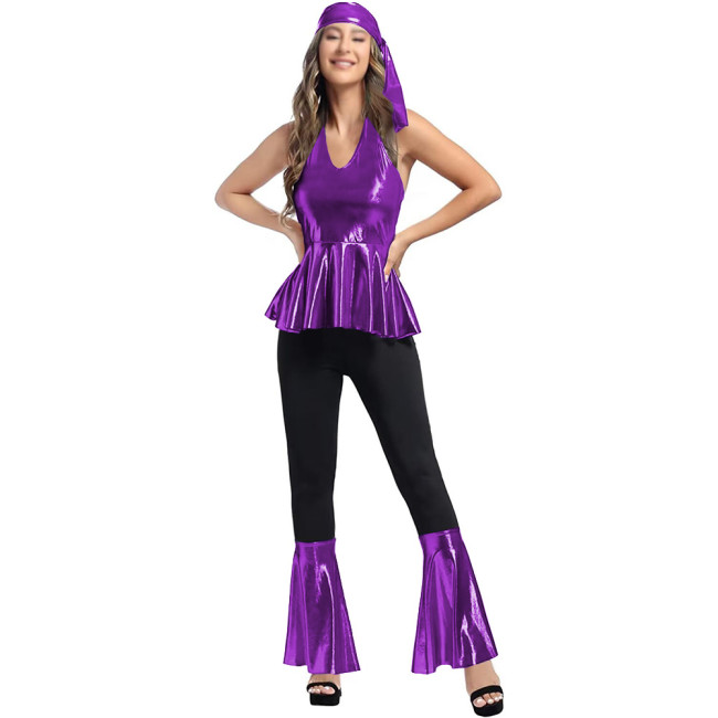 Halloween Women 70s Disco Costume Set Metallic Halter Neck Peplum Top Bell Bottom Pants Vintage Headband Hippie Disco Outfit