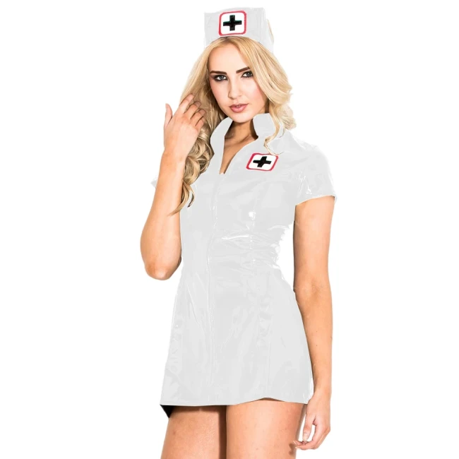 Adult Sexy Wetlook Nurse Uniform Shiny PVC Leather Short Sleeve Nurse Outfit Halloween Cosplay Party Fancy Maid Nurse Costumes