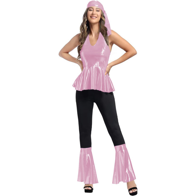 Halloween Women 70s Disco Costume Set Metallic Halter Neck Peplum Top Bell Bottom Pants Vintage Headband Hippie Disco Outfit