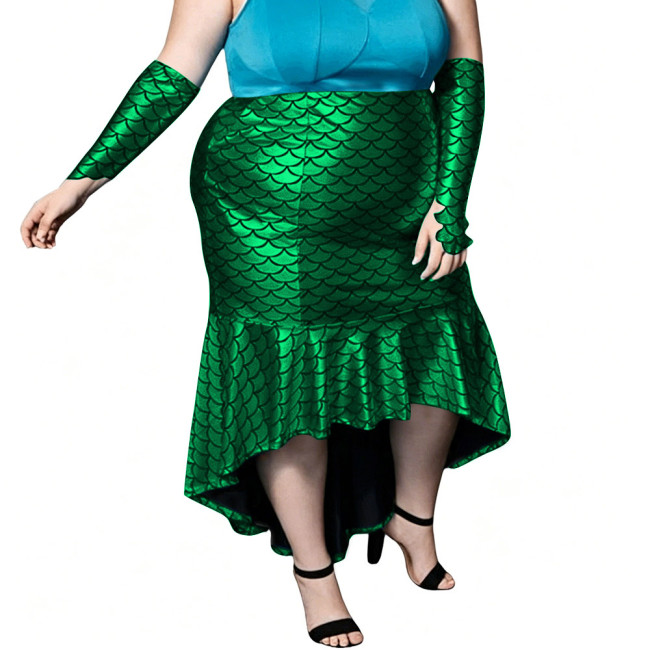 Plus Size Shiny Mermaid Tail Skirt Sexy Arm Sleeves Fish Scale High-Low Bodycon Club Fishtail Skirt Fetish Cosplay Party Costume