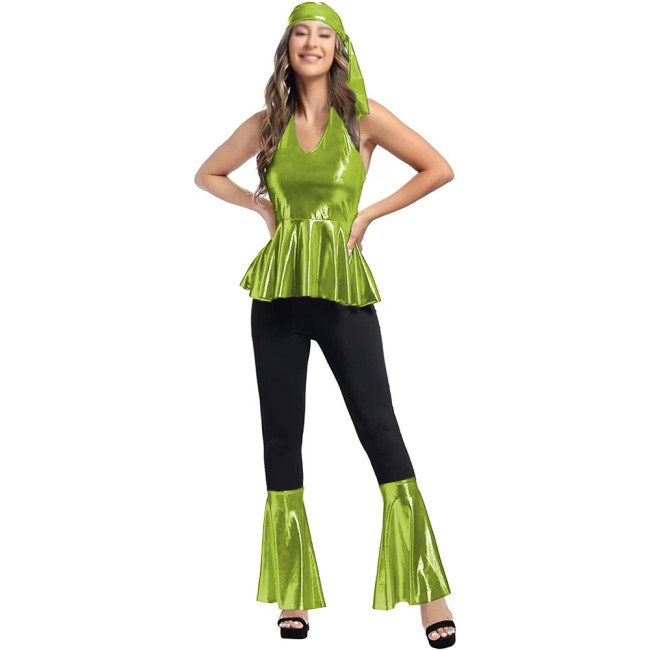 Halloween Women 70s Disco Costume Set Metallic Halter Neck Peplum Top Bell Bottom Pants Vintage Headband Hippie Disco Outfit