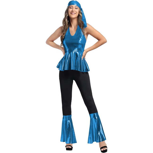 Halloween Women 70s Disco Costume Set Metallic Halter Neck Peplum Top Bell Bottom Pants Vintage Headband Hippie Disco Outfit