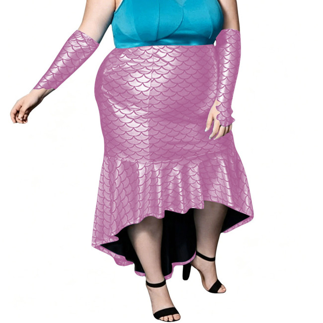 Plus Size Shiny Mermaid Tail Skirt Sexy Arm Sleeves Fish Scale High-Low Bodycon Club Fishtail Skirt Fetish Cosplay Party Costume
