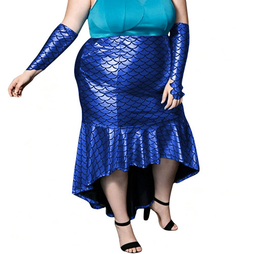 Plus Size Shiny Mermaid Tail Skirt Sexy Arm Sleeves Fish Scale High-Low Bodycon Club Fishtail Skirt Fetish Cosplay Party Costume