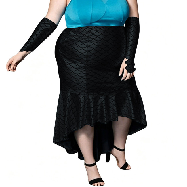 Plus Size Shiny Mermaid Tail Skirt Sexy Arm Sleeves Fish Scale High-Low Bodycon Club Fishtail Skirt Fetish Cosplay Party Costume