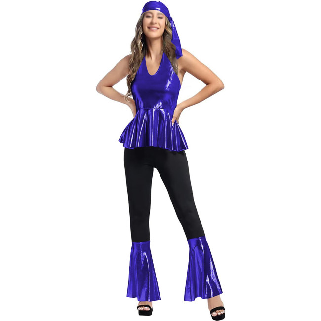 Halloween Women 70s Disco Costume Set Metallic Halter Neck Peplum Top Bell Bottom Pants Vintage Headband Hippie Disco Outfit