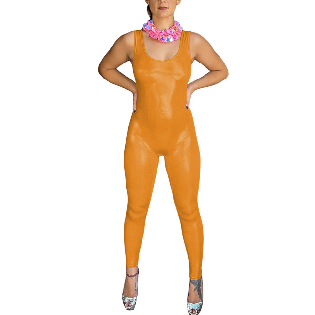 Women Shiny Metallic Wetlook Sleeveless Jumpsuit U-Neck Rave Performance Full Body Tight Long Leg Bodysuit Halloween Cosplay