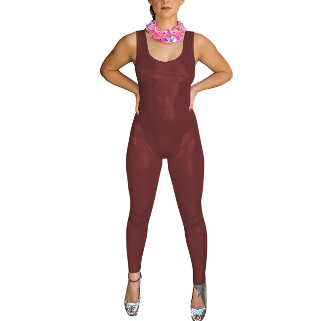 Women Shiny Metallic Wetlook Sleeveless Jumpsuit U-Neck Rave Performance Full Body Tight Long Leg Bodysuit Halloween Cosplay