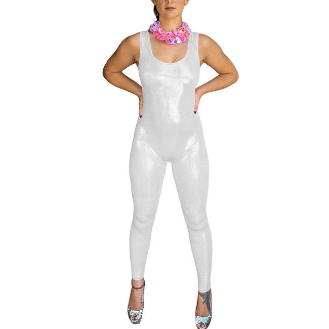 Women Shiny Metallic Wetlook Sleeveless Jumpsuit U-Neck Rave Performance Full Body Tight Long Leg Bodysuit Halloween Cosplay