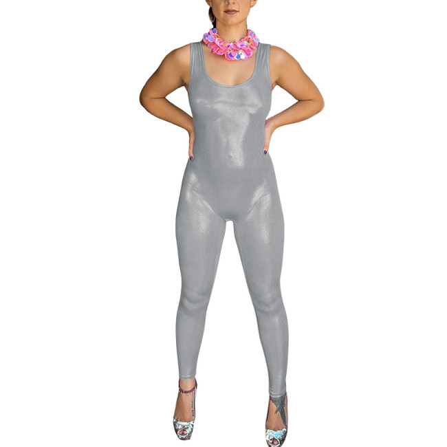 Women Shiny Metallic Wetlook Sleeveless Jumpsuit U-Neck Rave Performance Full Body Tight Long Leg Bodysuit Halloween Cosplay