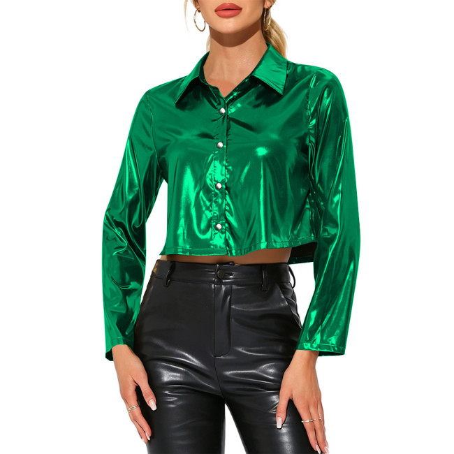 Wetlook Metallic Shiny Sexy Cropped Shirt Button Down Blouse Lapel Night Out Crop Top Rave Party Streetwear Y2K Cosplay Outfits