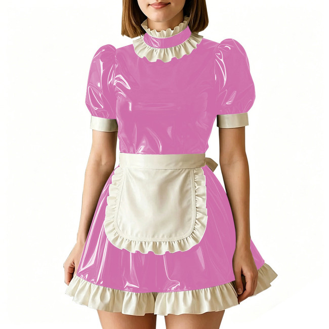 Vinyl PVC Leather Servant Maid Uniforms Sissy Party Cosplay Anime Costume High Neck Glossy Pleated Mini Maid Dress with Apron
