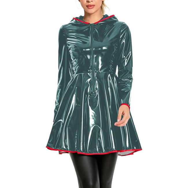 Club Fashion Shiny Vinyl Hooded Mini Dress Womens Long Sleeve Zip Front Flare Dress with Red Piping Glossy PVC Leather Dresses