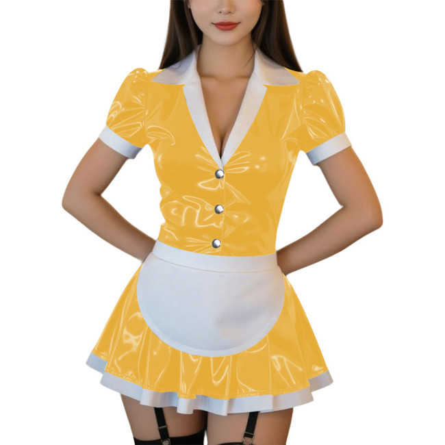 Womens Sexy PVC Mini Maid Dress Outfit Gothic Lapel V-neck Puff Sleeve A-line Dress with Apron Wetlook Club Cosplay Maid Uniform