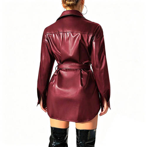Womens Button Down Belted Shirt Dress Long Sleeve PU Matte Leather Office Ladies Coat Nightclub Party Jackets Fashion Outwear
