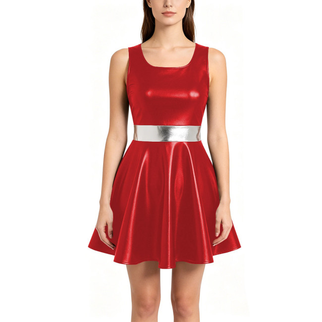 Womens Metallic A-line Mini Dress Shiny Nightclub Sundress Halloween Party Cosplay Costume Round Neck Sleeveless Dance Dress