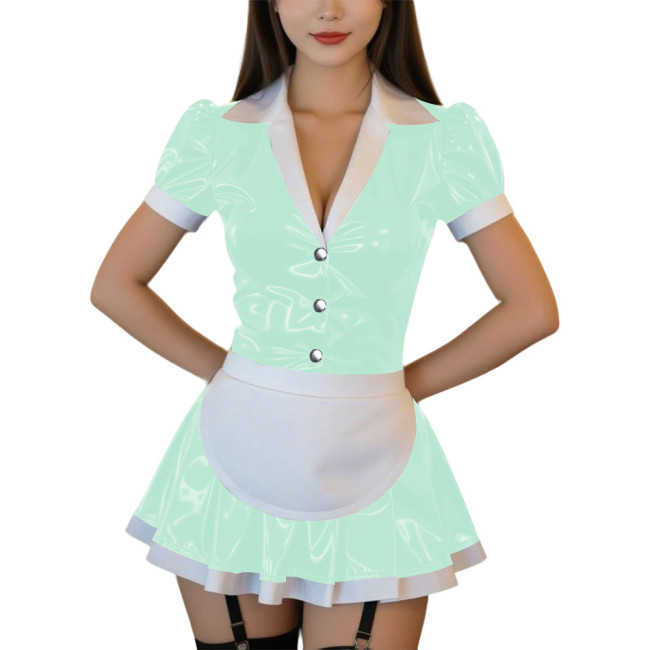 Womens Sexy PVC Mini Maid Dress Outfit Gothic Lapel V-neck Puff Sleeve A-line Dress with Apron Wetlook Club Cosplay Maid Uniform