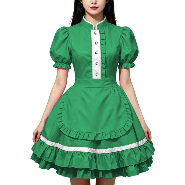 Party Lolita French Maid Dress Outfits Glossy PVC Leather Puff Sleeve Fancy Maid Uniforms Sweet Latex-look Cosplay Maid Dresses