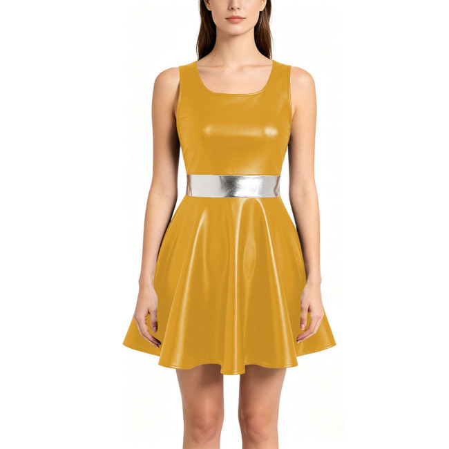 Womens Metallic A-line Mini Dress Shiny Nightclub Sundress Halloween Party Cosplay Costume Round Neck Sleeveless Dance Dress
