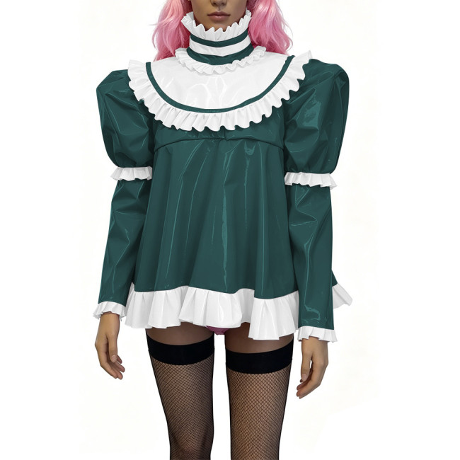 Glossy PVC Lolita Ruffle Blouse Womens Mens High Neck Puff Long Sleeve Shiny Top Sexy Mini Dress Halloween Cosplay Party Outfits