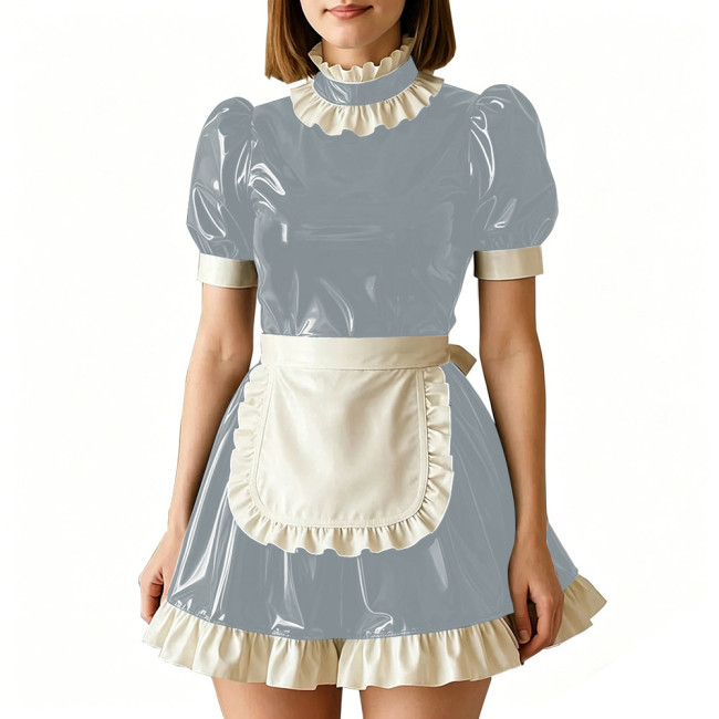 Vinyl PVC Leather Servant Maid Uniforms Sissy Party Cosplay Anime Costume High Neck Glossy Pleated Mini Maid Dress with Apron