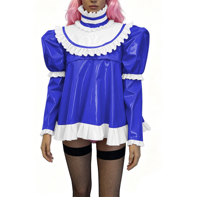 Glossy PVC Lolita Ruffle Blouse Womens Mens High Neck Puff Long Sleeve Shiny Top Sexy Mini Dress Halloween Cosplay Party Outfits