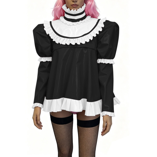 Glossy PVC Lolita Ruffle Blouse Womens Mens High Neck Puff Long Sleeve Shiny Top Sexy Mini Dress Halloween Cosplay Party Outfits