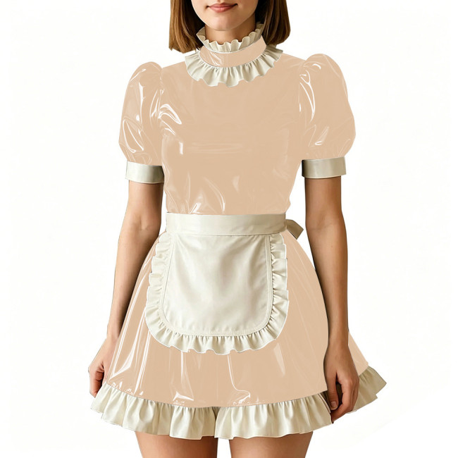 Vinyl PVC Leather Servant Maid Uniforms Sissy Party Cosplay Anime Costume High Neck Glossy Pleated Mini Maid Dress with Apron