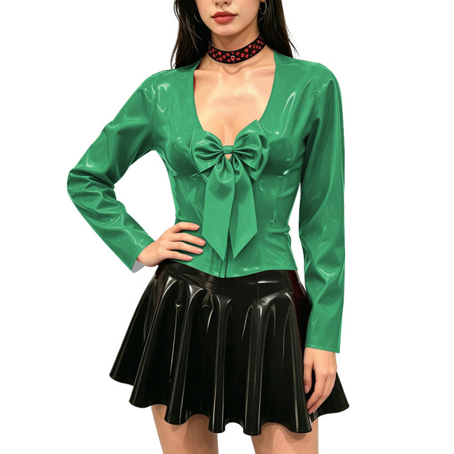 Women's Shiny PVC Long Sleeve Blouse Deep V Neck Big Bow Slim Fit Top Wet Look Faux Leather Shirt for Clubwear Party Outfits