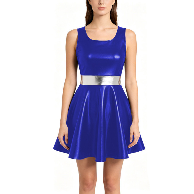 Womens Metallic A-line Mini Dress Shiny Nightclub Sundress Halloween Party Cosplay Costume Round Neck Sleeveless Dance Dress