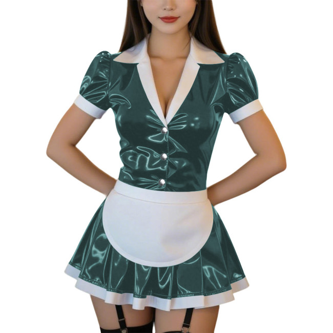 Womens Sexy PVC Mini Maid Dress Outfit Gothic Lapel V-neck Puff Sleeve A-line Dress with Apron Wetlook Club Cosplay Maid Uniform