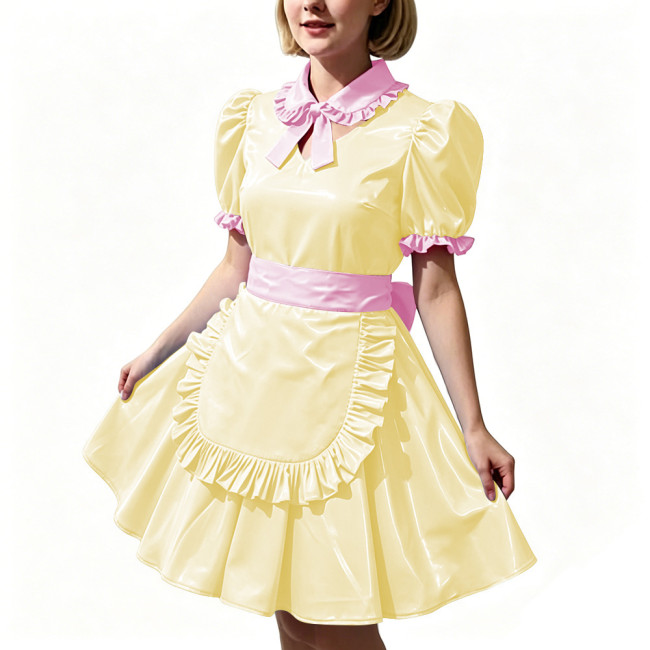 Women's Shiny PVC Maid Uniforms Sweet Collar Apron Short Puff Sleeve Maid Dress for Carnival Cosplay Outfits Fancy Dress Party