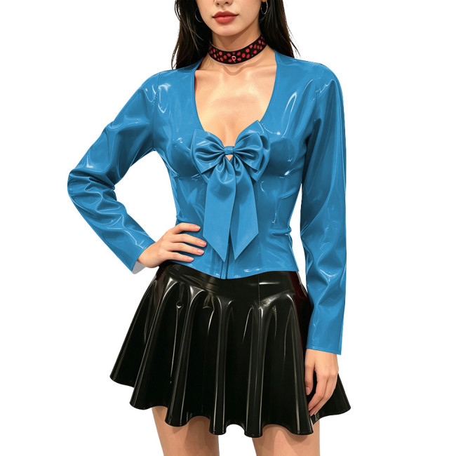 Women's Shiny PVC Long Sleeve Blouse Deep V Neck Big Bow Slim Fit Top Wet Look Faux Leather Shirt for Clubwear Party Outfits