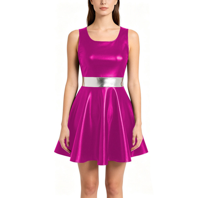Womens Metallic A-line Mini Dress Shiny Nightclub Sundress Halloween Party Cosplay Costume Round Neck Sleeveless Dance Dress